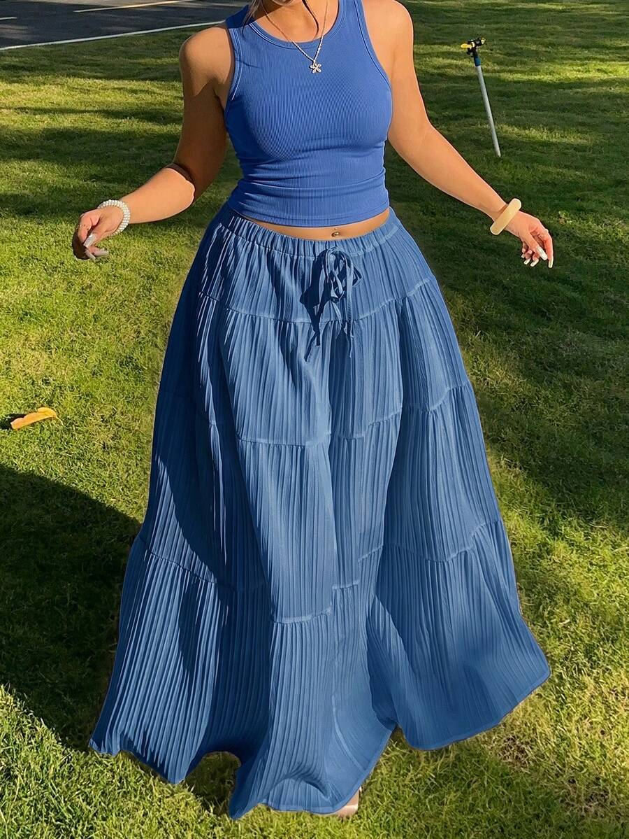 GalTyme Plus Size Women Solid Color Round Neck Pleated Top And Drawstring Waist Skirt Casual Daily Outfit - Blue - View 1