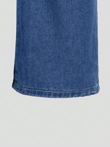 SHEIN ChillGRL 少女牛仔長褲，四季皆宜，休閒學院風，中藍色牛仔布，雛菊貼花3D刺繡，鬆緊腰頭，寬鬆直筒褲腿，舒適純棉牛仔下裝，適合日常穿著、外出、聚會、戶外、夏季度假等多種場合 - 深色水洗藍 - 查看 7