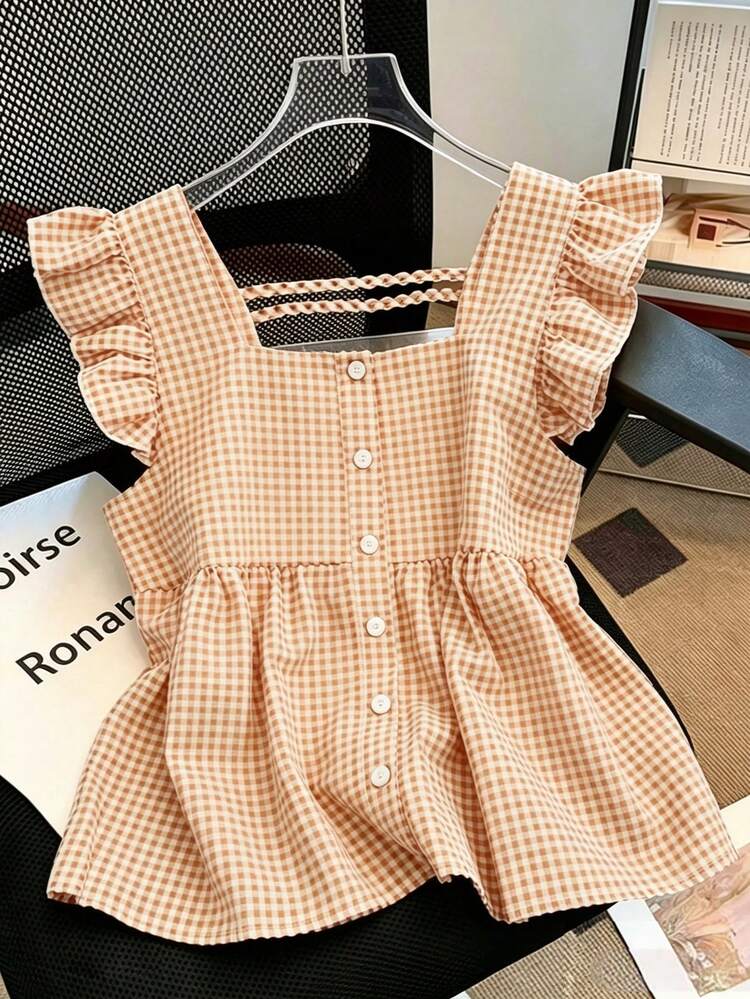 SHEIN PariChic 2026新款女款春夏系列復古學院風Y2K美學黑白格紋混紡短袖荷葉邊飾方領全開襟上衣，可調節交叉後背帶、荷葉邊收腰修身顯瘦版型，透氣輕盈柔軟舒適面料，時尚柔美上衣，適合休閒日常、夏季度假、週末出遊、海邊散步、早午餐聚會、約會與街頭穿搭 - 黃色 - 查看 1
