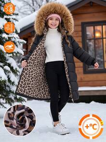 SHEIN Tween Girls Winter Fashion Black Thickened Leopard-Print Flannel Hooded Long-Sleeve Mid-Length Quilt - Black - View 3