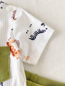 SHEIN Playful Pals 2件組 白色與軍綠色動物印花短袖圓領T恤附口袋 + 鬆緊腰長褲，休閒可愛極簡百搭套裝，適合夏季日常外出或室內穿著 - 綠色 - 查看 9