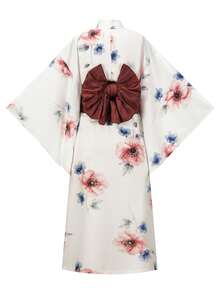 Irokai Japanese Traditional Kimono White Base Red & Blue Floral Print Pattern Women's Modified Two Pieces Yukata Set - Multicolor - View 2
