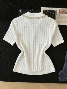 SHEIN PariChic 女款 Polo 領短袖休閒優雅通勤辦公早午餐針織上衣 白色夏季 - 白色 - 查看 2