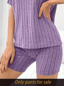 SHEIN Women's Solid Color Brushed Ribbed Fitted Shorts, Loungewear - Purple - View 5