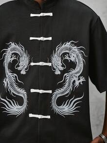 STYNVO 男士夏季時尚龍圖案青蛙鈕扣襯衫 - 黑色 - 查看 3