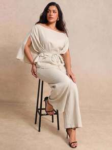 Juhart Plus Size Women's Casual Elegant Daily 2 Pieces Set With Top And Wide Leg Pants Autumn Dinner Cocktail Grey Brunch Party - Apricot - View 4