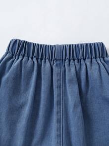 SHEIN 少女牛仔短裙，淺藍色水洗牛仔裙，時尚女孩風格，不對稱蝴蝶結可愛牛仔裙，百搭日常甜美設計，適合日常外出、玩耍、購物、聚會、上學 - 中等水洗藍 - 查看 7