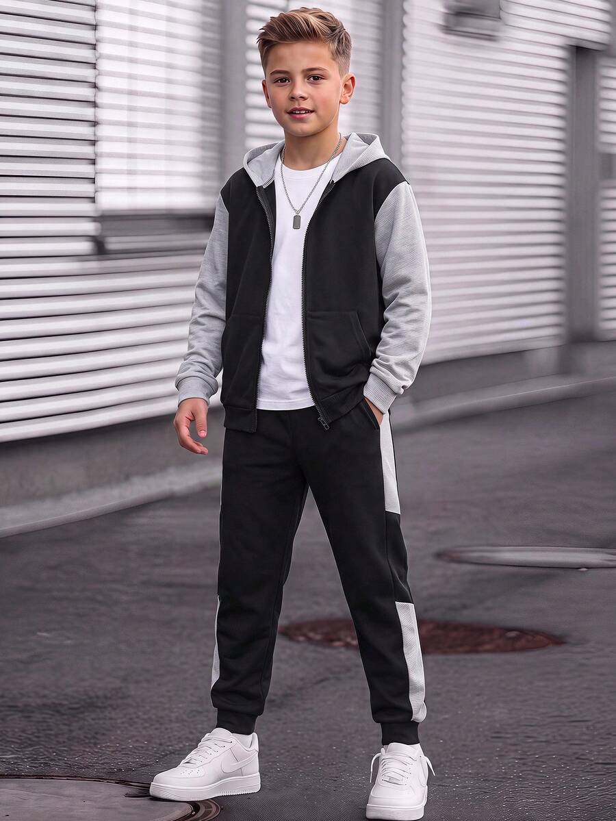 SHEIN 兒童青少年男孩休閒學院風拼色連帽外套，舒適梭織布料，適合學校、花園、海灘、生日，春夏秋冬四季穿著，黑色、棕色