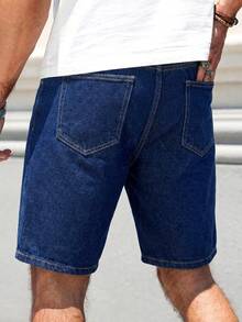 Manfinity Homme Men's Casual Ripped Straight Leg Blue Denim Shorts, Street Fashion For Spring/Summer - Dark Wash - View 2