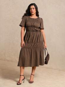 Juhart Vestido largo marrón de mujer talla grande, tejido, corte regular, estilo francés casual de verano, elegante para ir al trabajo, cuello redondo, manga corta y cintura ceñida - Marrón - Ver 6