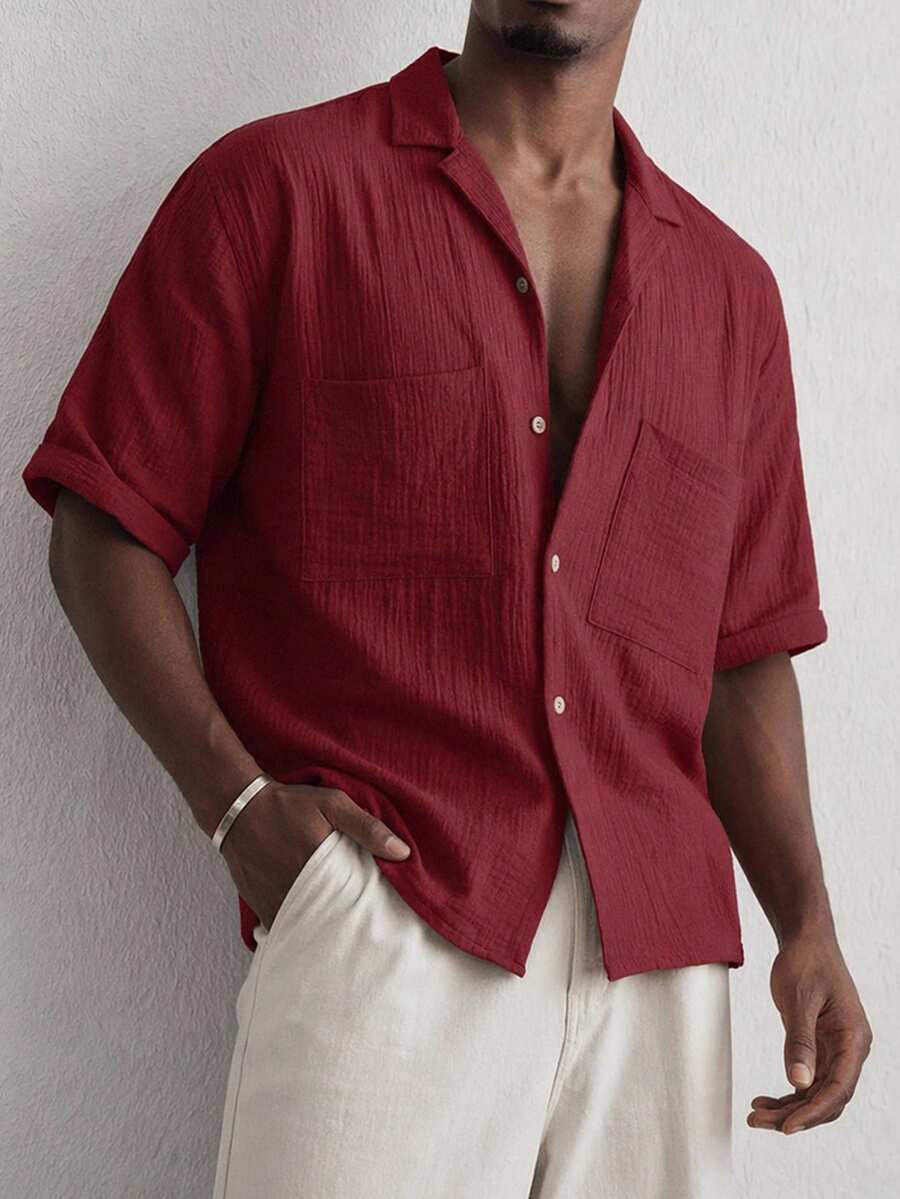 Manfinity VCAY Men's Khaki Short-Sleeve Button-Up Shirt. Relaxed Fit, Classic Collar, Chest Pockets. Versatile For Beach Vacations &