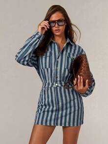 Athîral Denim 女款藍色條紋休閒街頭風牛仔洋裝，適合秋季日常穿著、夜晚外訪，可搭配靴子，商務休閒、辦公休閒風 - 藍色 - 查看 4