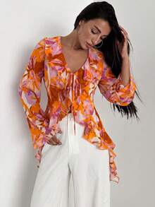 Firerie 女款荷葉邊繫帶前開襟喇叭袖雪紡碎花印花秋季上衣 - 橘色 - 查看 1