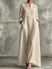 SHEIN Holidaya Women's Loose Dress, Textured V-Neck Design, Light Apricot, Loose Fit Suitable For Vacation And Casual Long Dress, Women's Dress, Women's Elegant Dress, Women's Loose Dress, Women's Beach Dress, Women's Casual Dress, Women's Commuter Dress, Women's Professional Wear, Women's Vacation Dress - Apricot - View 2