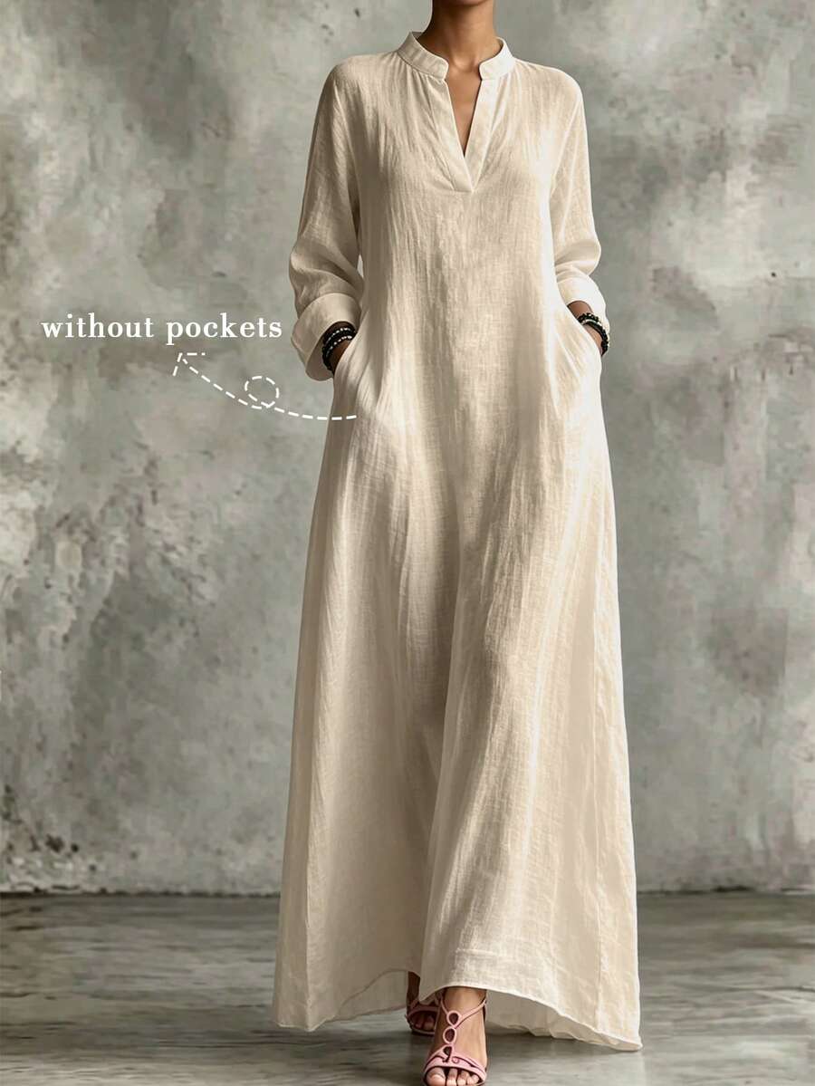 SHEIN Holidaya Women's Loose Dress, Textured V-Neck Design, Light Apricot, Loose Fit Suitable For Vacation And Casual Long Dress, Women's Dress, Women's Elegant Dress, Women's Loose Dress, Women's Beach Dress, Women's Casual Dress, Women's Commuter Dress, Women's Professional Wear, Women's Vacation Dress