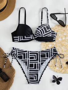 Swim Lushoire 女款夏季海灘幾何印花細肩帶性感比基尼三角褲兩件式泳衣套裝 - 彩色 - 查看 5