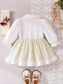 SHEIN Playful Pals 嬰兒長袖領口拼接淺黃色波點收腰蝴蝶結裝飾 2合1 初秋休閒時尚女嬰洋裝 - 白色 - 查看 4