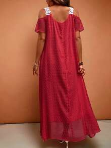 SHEIN LUNE CURVE 大尺碼春夏休閒度假優雅通勤蕾絲飾邊純色法式A字洋裝 - 酒紅色 - 查看 2