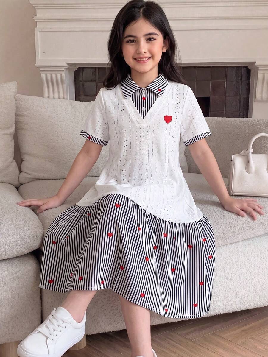 SHEIN 青少年女孩休閒舒適立領撞色羅紋素色洋裝，返校季公主風，適合畢業派對、生日派對，Y2K時尚街頭個性甜酷女孩風 - 黑與白 - 查看 1