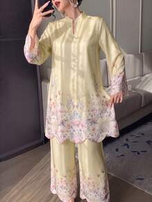 Modelyn Spring/Summer Women's V-Neck Embroidered Fashion Loose 2 Pieces Set - Yellow - View 8