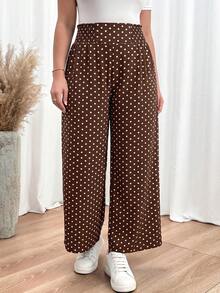 SHEIN Essnce Plus Size Women's Spring/Summer Fashion Casual Loose Comfortable Daily All-Match Versatile Polka Dot Elastic Waist Wide Leg Pants, Women's Bottoms, Comfortable Pants, Autumn , Minimalist Style - Brown - View 5