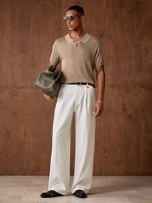 AKNOTIC 男士針織時尚休閒短袖彈性修身正肩 Polo 衫，高爾夫衫，適合夏季、度假、日常穿著、派對、情侶穿搭，男士禮物 - 卡其色 - 查看 5