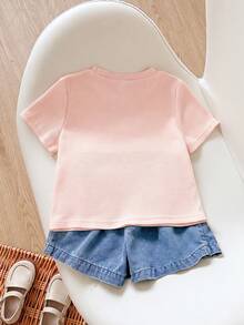 SHEIN Playful Pals 女童休閒可愛圓領標準肩寬彩色波點彩虹印花T恤與純色牛仔裙褲套裝，夏季返校穿搭 - 粉色 - 查看 2