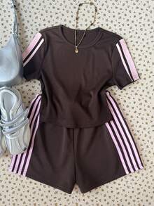 Teen Girl Casual Contrast Pink Tape Solid Brown Knit Set Shorts Summer Outfits 2 Pcs Sets - Brown - View 6