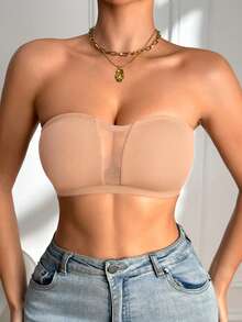 SHEIN 1件裝 女款黑色無肩帶抹胸內衣 網布拼接設計 - 卡其色 - 查看 5