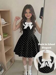 SHEIN 女童蝴蝶結裝飾蕾絲拼接波點印花洋裝 - 黑色 - 查看 3