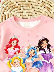 SHEIN 女童粉色公主印花長袖套裝，秋冬新款，圓領寬鬆衛衣套頭衫搭配雪花與星星印花修身內搭褲，柔軟舒適面料，卡通多公主高清印花甜美吸睛，彈性腰褲無腹部壓力，柔美粉色調，百搭耐穿適合日常穿著 - 彩色 - 查看 4