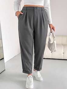 Shapeblank Plus Size Women's Spring/Autumn Traditional Loose Grey Elastic Waist Tapered Pants, Work Pants, Minimalist Style, Office Wear Teachers' Day Fall - Grey - View 6