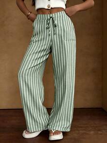 SHEIN LUNE Celana Kasual Potongan Lebar dengan Tali Serut dan Pinggang Elastis, Motif Garis Vertikal Hijau dan Putih, Saku Samping, Bahan Mirip Linen, Model Lurus. - Hijau - View 4