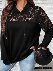 SHEIN CURVE+ Plus Size Women's Drawstring Hooded Lace Casual Versatile Daily Long Sleeve Sweatshirt Fall - Black - View 5