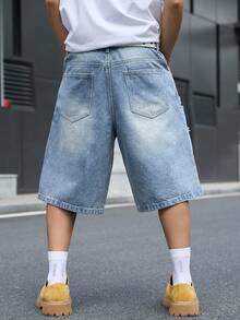 Manfinity EMRG Men's Street Style Casual Printed Distressed Blue Denim Shorts - Light Wash - View 2