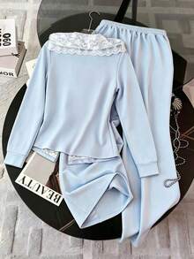 GlowEve Blue Lace Patchwork Double Zipper Front Lapel Long Sleeve Jacket & Wide Leg Pants Casual Women 2 Pieces Set - Blue - View 2
