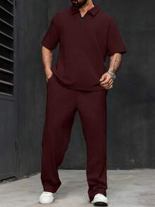 Manfinity Homme Men's Plus Size Solid Color Short Sleeve Polo Shirt And Long Pants Set - Burgundy - View 7
