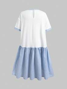 SHEIN 青少年女孩肖像印花學院風拼接洋裝，返校季 - 藍色 - 查看 2