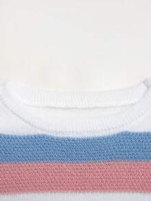 SHEIN 青少年女孩秋冬休閒居家條紋拼接一字領套頭鬆垮落肩長袖針織衫 - 彩色 - 查看 3