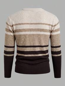 AKNOTIC Men's Contrast Color Striped Long Sleeve Crew Neck Sweater, For Spring - Coffee Brown - View 3