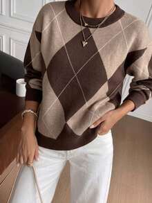 Muvela Women's Casual  Brown Colorblock Argyle Sweater, Autumn/Winter Brunch Going Out Top Casualfour Seasonsautumn Back Toschool Work Festival - Multicolor - View 4