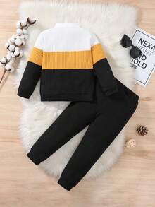 SHEIN Setelan Kasual Sehari-hari 2 Potong untuk Anak Laki-Laki: Kaos Lengan Panjang Kerah Tegak dan Celana Panjang Motif Patchwork Warna-warni - MultiWarna - View 2