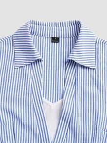 LUMIGAL Women's Striped Waist-Cinching Long Dress - Blue and White - View 4