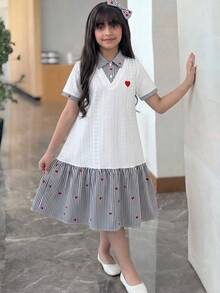 SHEIN 青少年女孩休閒舒適立領撞色羅紋素色洋裝，返校季公主風，適合畢業派對、生日派對，Y2K時尚街頭個性甜酷女孩風 - 黑與白 - 查看 4