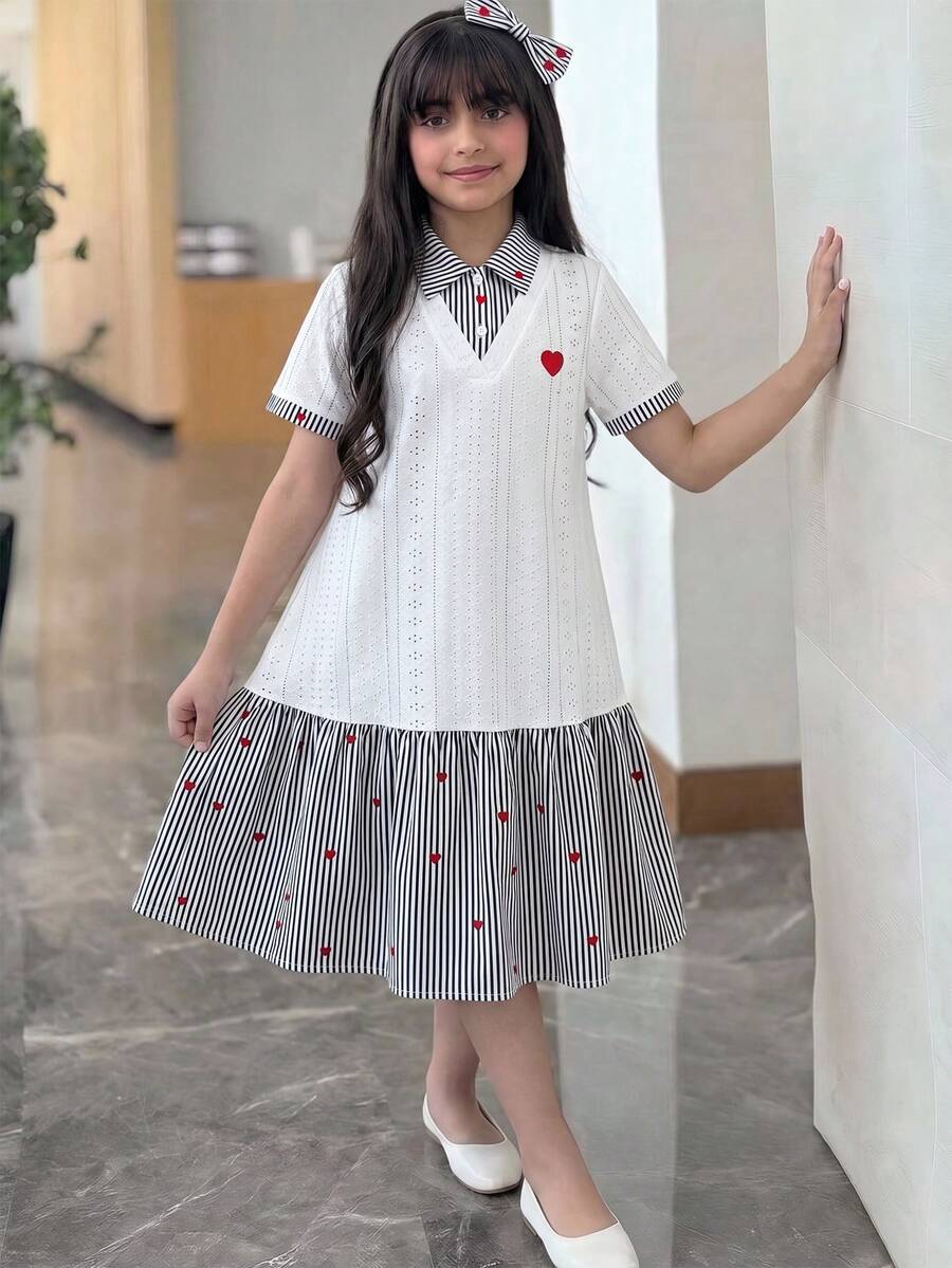 SHEIN Gaun Kasual Nyaman untuk Anak Perempuan Remaja dengan Kerah Tegak, Warna Kontras, Bergaris, dan Warna Polos, Cocok untuk Kembali ke Sekolah, Gaun Putri, Pesta Kelulusan, Pesta Ulang Tahun, Y2K, Gaya Jalanan Modis yang Dipersonalisasi, Gadis Manis dan Keren - Hitam dan Putih - View 1