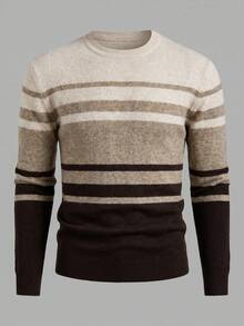 AKNOTIC Men's Contrast Color Striped Long Sleeve Crew Neck Sweater, For Spring - Coffee Brown - View 7