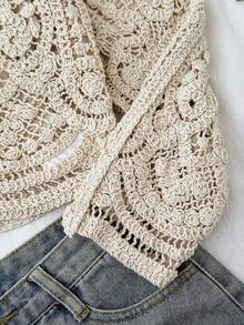 SHEIN Tween Girl Tween Girl Tween Girls Sweaters, Spring/Autumn Long Sleeve Beach Crochet Cardigan - Apricot - View 3