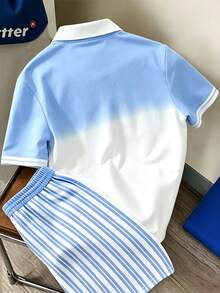 Manfinity Hypemode Men's Gradient Blue & White HK Embroidered Striped Shorts Casual POLO Set - Multicolor - View 2