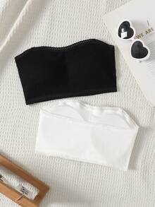 SHEIN Conjunto de 2 piezas de sujetador bandeau acolchado con fruncido, simple y cómodo, para niña preadolescente, negro & blanco, con textura acanalada - Multicolor - Ver 2