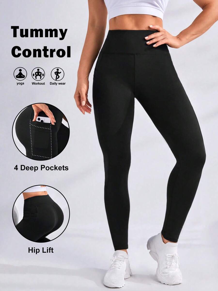SHEIN Sports 女款运动紧身裤瑜伽裤 - 黑色 - 查看 1